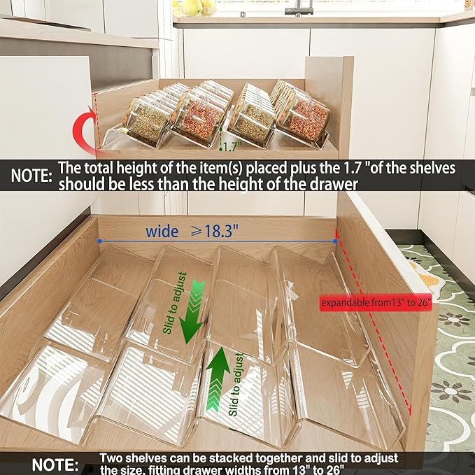 Spice Drawer Organizer,4 Tier- 4 Pack Acrylic Seasoning Jars Drawer Organizer Insert, Kitchen Spice Rack Organizers for Drawer/Countertop (Jars Not Included),Expandable From 13" to 26" Wide