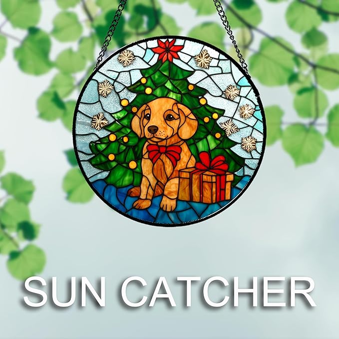 Stained Glass Window Hanging Green Christmas Tree Snowflake Dog 7.8" - Suncatcher Door Garden Sun Catcher Xmas Holiday Decor Birthday for Mom Men Woman Friend Nana