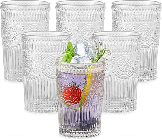 Vintage Glassware Drinking Glasses Set of 6,13 oz Clear Textured Flower Design Glass Water Tumblers，Embossed Striped Drinkware for Water,Cocktails,Juice,Iced Coffee