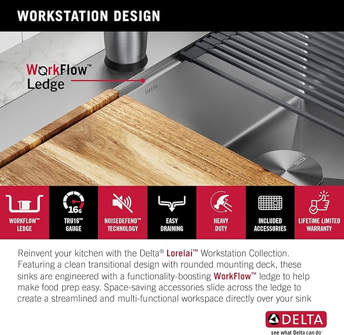 DELTA FAUCET 95A9032-T33D-SS Lorelai Workstation Kitchen Sink Drop-In Top Mount 16 Gauge Stainless Steel Double Bowl with WorkFlow Ledge and Chef’s Kit of 8 Accessories, 33 Inch