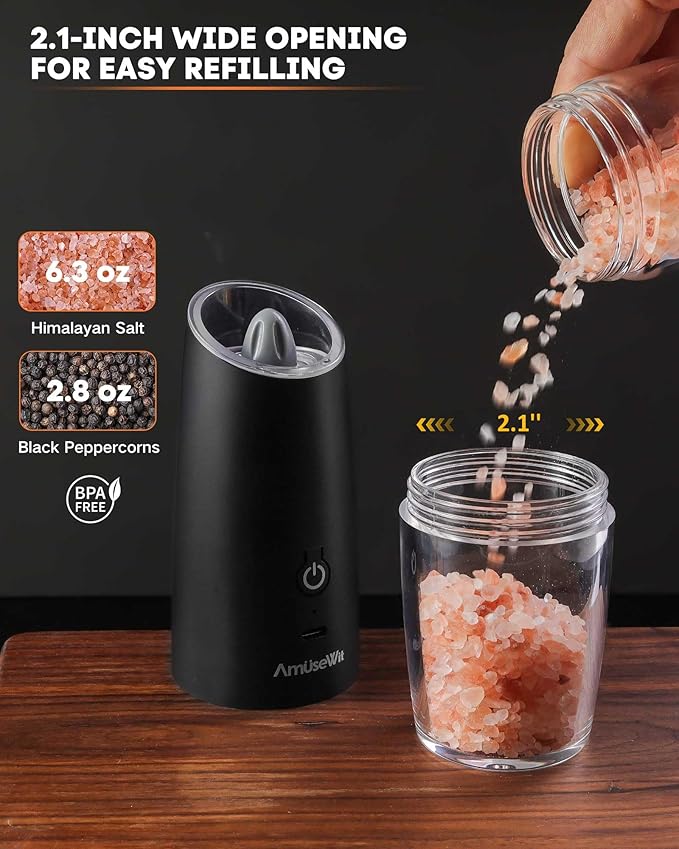 AmuseWit Gravity Electric Pepper Mill or Salt Grinder Mill [White Light] USB Rechargeable Automatic Pepper Grinder, Adjustable Coarseness, One-Handed Operation, Matte Black
