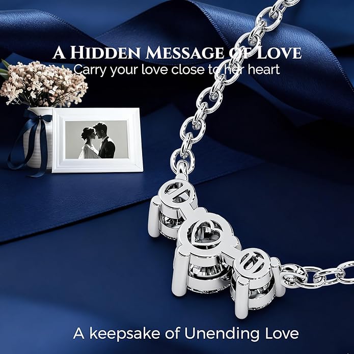 Moissanite Necklace for Women Three-Stone I Love You Jewelry Pendant Sterling Silver Lab Created Gem for Her Gift for Wedding Anniversary Birthday to My Wife Daughter Girlfriend Mom