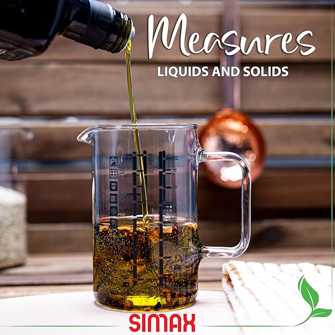 Simax Glass Measuring Cup: 16 Oz Measuring Cups Glass - Liter, Oz and Ml Measuring Cup for Liquid - Borosilicate Glass Metric Measuring Cups in Gram - Measure Flour and Sugar Grams - Easy Pour Spout