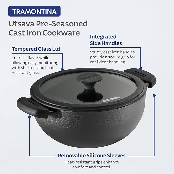 Tramontina Utsava 3.9-Quart Pre-Seasoned Cast Iron Kadai with Lid, Kadhai Pot for Indian Cooking