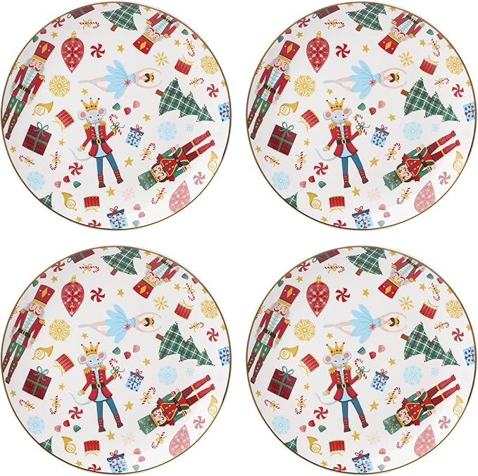 Lenox Dinnerware Set, Nutcracker Ballet Accent Plates, Service for 4 Porcelain Dinnerware, Microwave & Dishwasher Safe, Pasta, Salad and Dinner, Nutcracker Christmas Accent Plates (Assorted, 4 Piece)