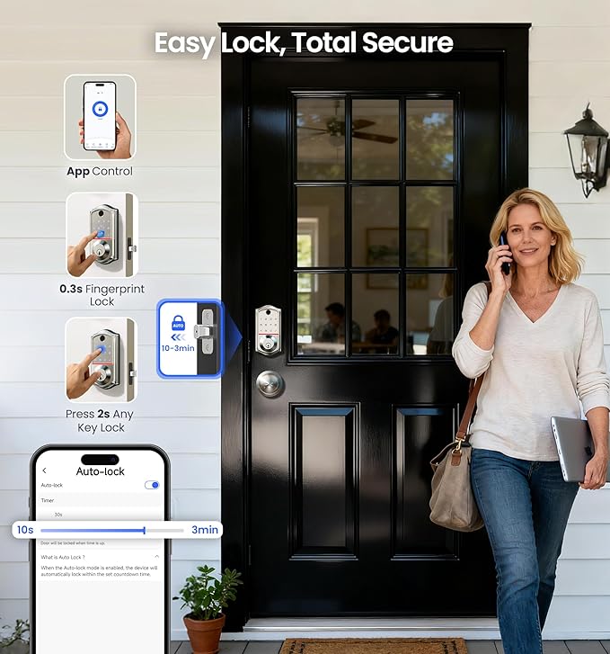 Veise VE017-K Fingerprint Smart Lock with 2 Knobs, App Control, Keyless Entry Front Door Lock with Handle Set, Electronic Digital Touchscreen Keypad Deadbolt, IP55 Waterproof, Auto-Lock, Satin Nickel