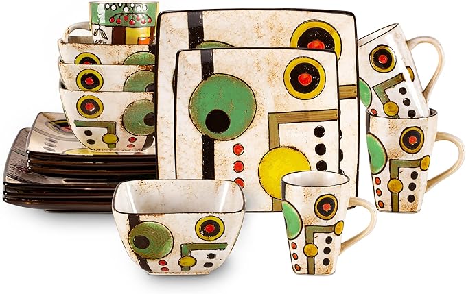 16pc Dinnerware Set, Stoneware Artisan Hand Painted Impressionism Pond, Reactive Glaze