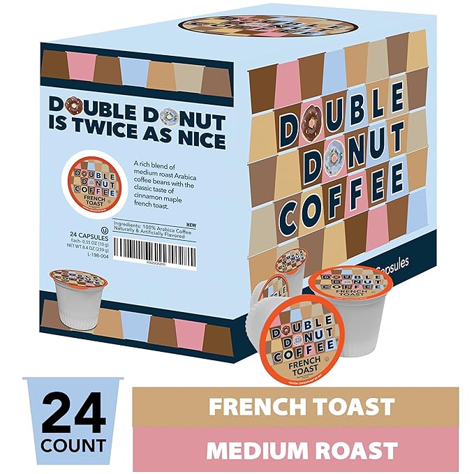 Double Donut Coffee French Toast Flavored Coffee in Recyclable Single Serve Pods, French Toast Flavor for the Keurig K Cups Brewer, from Double Donuts, 24 Cups