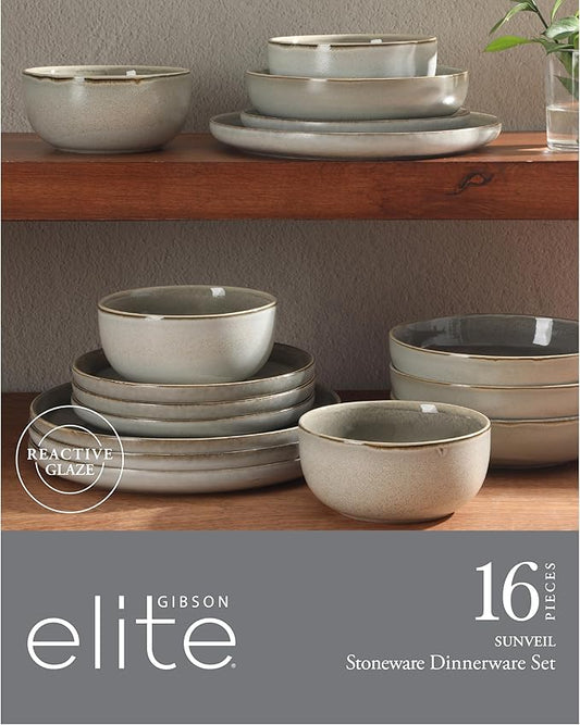 Gibson Elite Sunveil 16 Piece (Service for 4) Plates and Bowls Reactive Glaze Round Dishes Stoneware Ceramic Dinnerware Set -Taupe