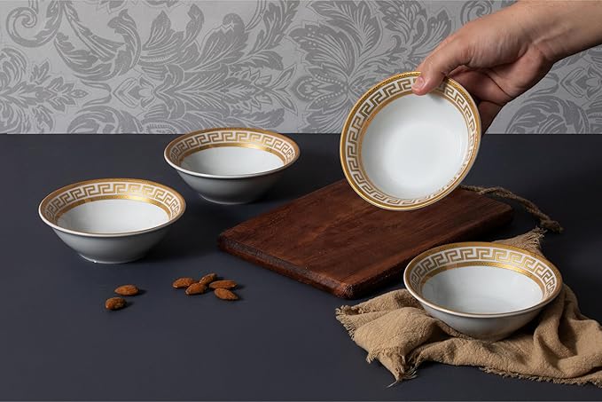 60 Piece Porcelain Dinnerware Sets – Service for 12 Plates, Mugs, Bowls – White with Gold Greek Key Design Dish Set for Kitchen Table, Everyday Dining or Formal Occasions (Meander Gold)