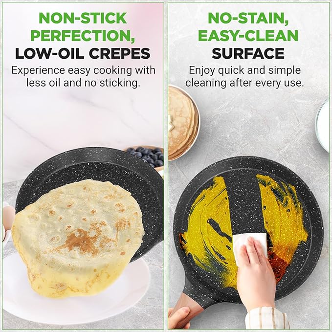 NutriChef 2-Pack Non-Stick Crepe Pan Set, 9.4" Marble Coated Dosa Pans with Wooden Spreaders, Bakelite and Wood Handles, Induction-Compatible, Dishwasher Safe, Even Heat Distribution, Black Marble