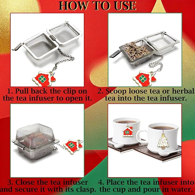 Christmas Themed Tea Infuser Set, 2 PCS Cubic Tea Strainers for Loose Leaf Tea, Reusable Stainless Steel Mesh Tea Ball, Tea Steeper with Christmas Tree and Love House Pendant