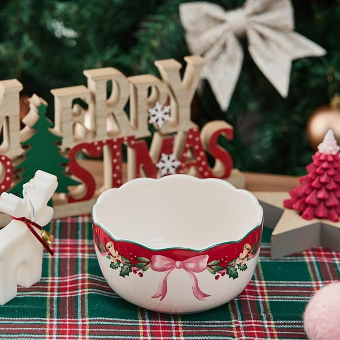 Bico Ribbon Christmas Cereal Bowls Set of 4, 26 oz Deep Ceramic Soup Bowls for Cereal, Salad, Noodles, Kitchen, Microwave and Dishwasher Safe, Gift for Housewarming and Christmas