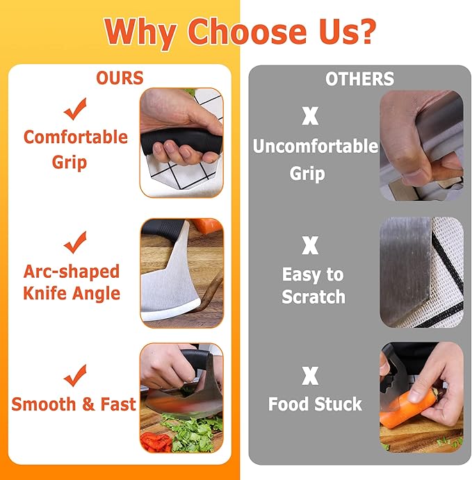 XoYoZo Salad Chopper Mezzaluna Knife with Protective Cover and Anti-Slip Handle - Stainless Steel Vegetable Cutter, Onion Chopper, Pizza Cutter