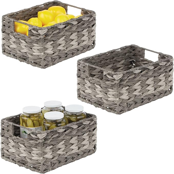 mDesign Woven Farmhouse Kitchen Pantry Food Storage Organizer Basket Bin Box - Container Organization for Cabinets, Cupboards, Shelves, Countertops - Store Potatoes, Onions, Fruit - 3 Pack, Gray Ombre