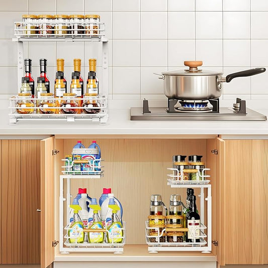 JYPS 2 Pack Under Sink Organizer, 2 Tier Pull out Under Kitchen Bathroom Sink Organizer and Storage, Metal Sliding Drawer for Cabinet Pantry Undersink Organizers Shelf