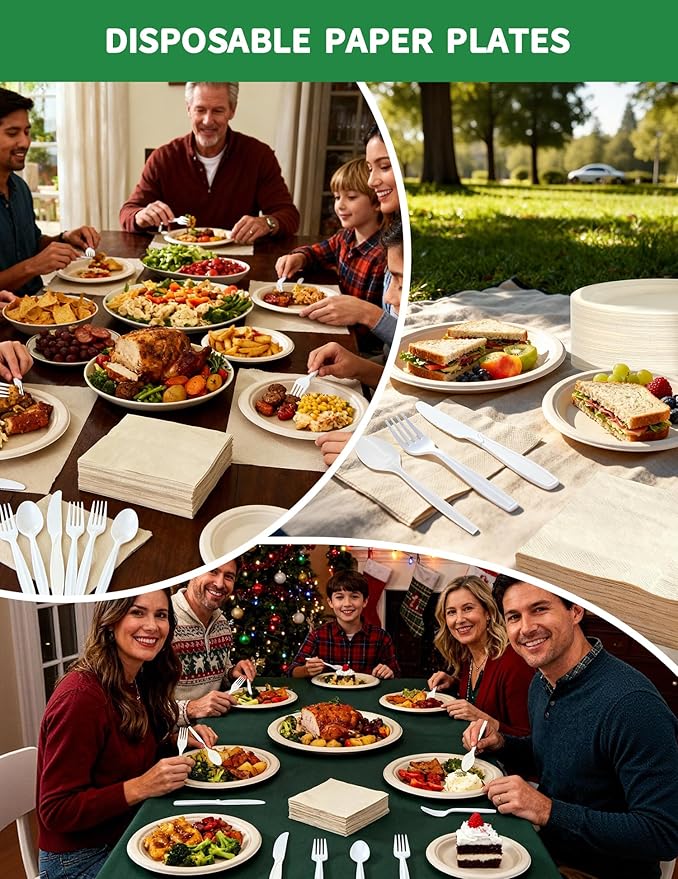 300Pcs Compostable Disposable Paper Plates Set - 9/7 Inch Heavy Duty Party Plates, Napkins and Cutlery, Biodegradable Eco-Friendly Dinnware Sets Supplies for Birthday, Christmas, Serve 50 Guests