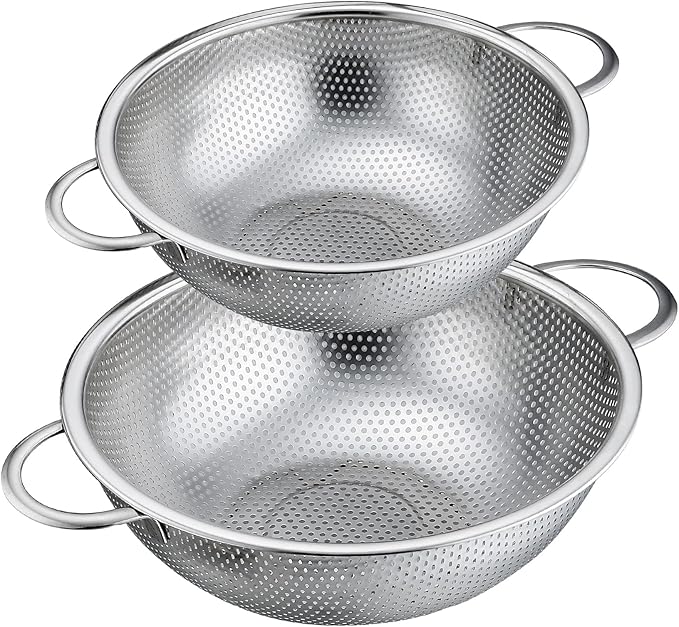 P&P CHEF Stainless Steel Colander, Micro-Perforated Food Strainer with Handle for Washing Draining, Great for Pasta Fruits Vegetables, Dishwasher Safe & Healthy, 3 + 5Qt, 2Pcs