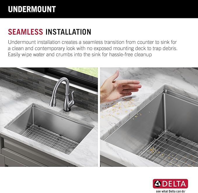 DELTA FAUCET 95B932-27S-SS Lorelai Workstation Kitchen Sink Undermount Stainless Steel Single Bowl with WorkFlow Ledge and Chef’s Kit of 6 Accessories