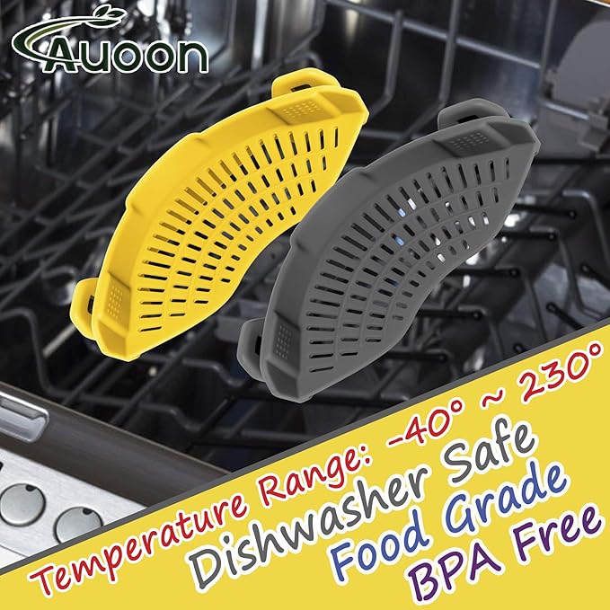 AUOON Clip on Strainer,2 PACK Silicone Food Strainer Pasta Drainer for Pasta,Spaghetti,Ground Beef Grease,Easy to Use Universal Size Fit for all Pots and Bowls(GrayYellow)