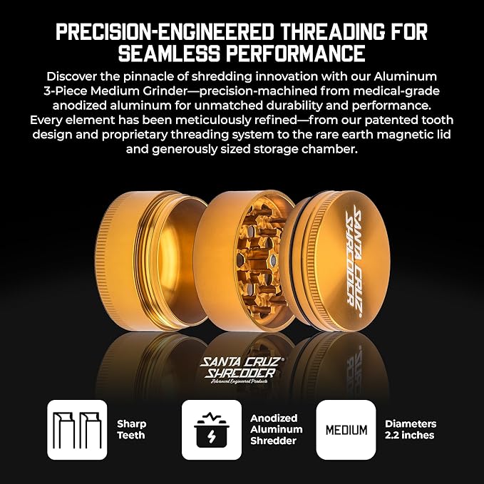 Santa Cruz Shredder Metal Spice Grinder Knurled Top for Stronger Grip 3-Piece Medium 2.2" (Gold)