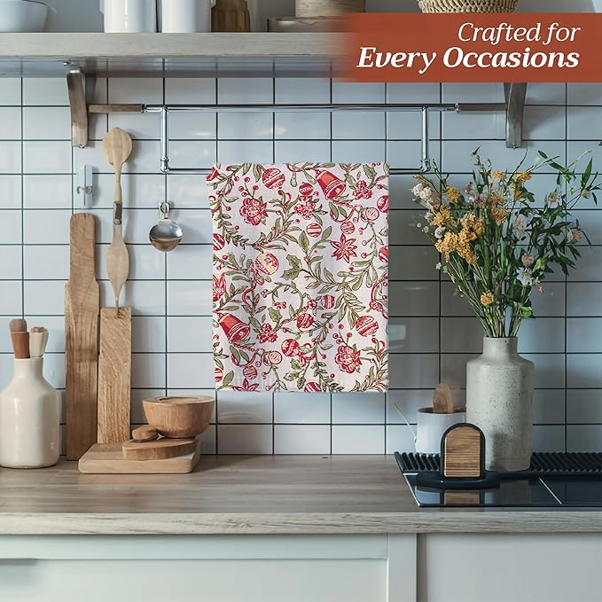 Maison d' Hermine Kitchen Towels Set of 3 100% Cotton 20" x 27.5" Reusable Cloth Tea Dish Towels Absorbent with Hanging Loop for Kitchen Dining Thanksgiving Christmas Decorations (Reveillon Au Jardin)