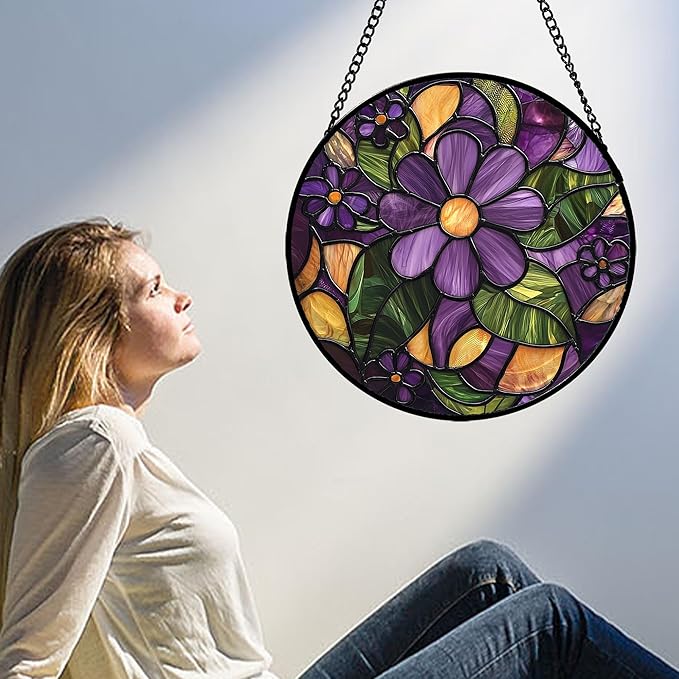 Stained Glass Window Hanging, Purple Green Flowers Sun Catcher for Door Home Decor Plants Suncatcher Christmas Mother's Day Birthday Gifts for Women Men Mom and Nana 15 in