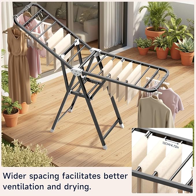 MIKEE Clothes Drying Rack,Stainless Steel Foldable Laundry Drying Rack for Indoor & Outdoor Use，with Height-Adjustable Wings，2-Tier Clothes Rack with Windproof Hanging Holes and Wheels，132 lbs