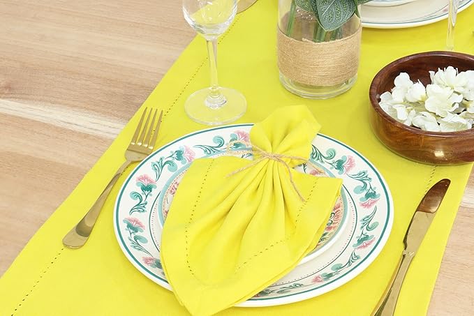 PurpleEssences Set of 6 Hemstitch Cloth Dinner Napkins 100% Cotton - Soft Durable Washable - Ideal for Wedding Christmas Holiday Winter - Perfect Everyday Use Table Linen 18x18 - Yellow