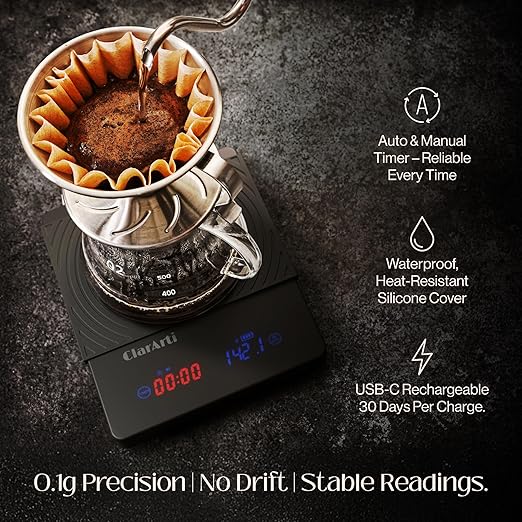Sensitive Coffee Scale with Timer – High Accuracy Small Espresso Scale for Barista Tools, Pour Over, and Drip Coffee – Precision Espresso Scale with Timer