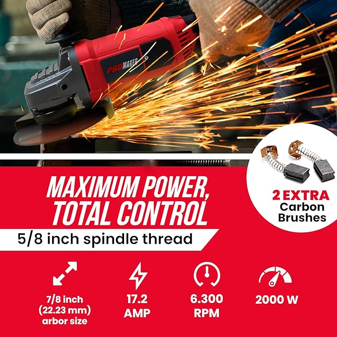 PROMAKER 9 inch Angle Grinder, 17.2 AMP, 6300 RPM, Industrial Electric Angle Grinder with 2 Extra Carbon Brushes, the rear and side handle can rotate, 2 Years Warranty.