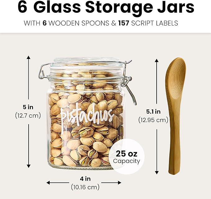 Talented Kitchen Airtight Mason Canning Jars - Multiuse Food Storage Containers with Lids for Canning Supplies & Homemade Food Storage - Clamp-Lid Glass Containers - 25 oz, Pack of 6