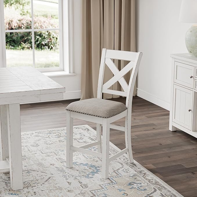 Signature Design by Ashley Robbinsdale Farmhouse Upholstered Barstool, Set of 2, X-Back, Nailhead Trim, Wood, 24.75" H, White & Light Gray