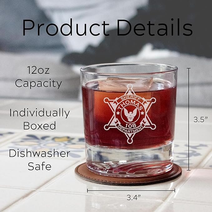Personalized Whiskey Glass with Sheriff Badge for Law Enforcement, Custom Name and Number, 12oz Engraved American Flag Glassware, Custom Sheriff Gift For Men Dad Father's Day PD Police Officer