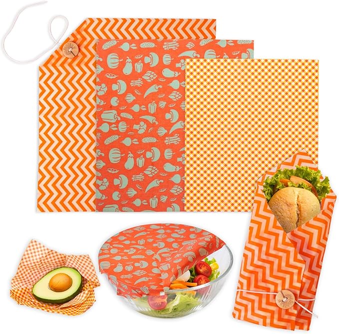 Beeswax Wraps for Food, 3 Pack (S, M, L) Reusable Food Wraps, Bread Sandwich Wrap, Beeswax Paper with Bukcle, Zero Waste, Plastic-Free Food Storage Wrap