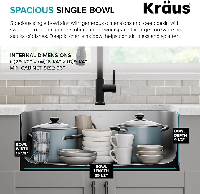 Kraus 31 1/2 Inch Stainless Steel Kitchen Sink, Durable 18 Gauge Single Bowl Kitchen Sinks Undermount, KBU14
