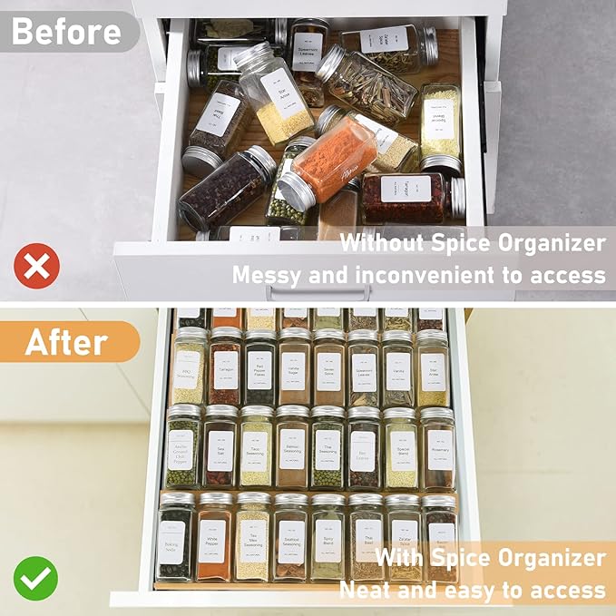Spice Drawer Organizer with 24 Spice Jars and 216 Labels,Non-slip Rubber, Bamboo 4 Tier Spice Racks Tray Seasoning Containers for Kitchen Drawers,Cabinets,Countertops,13" Wide * 15.8" Deep