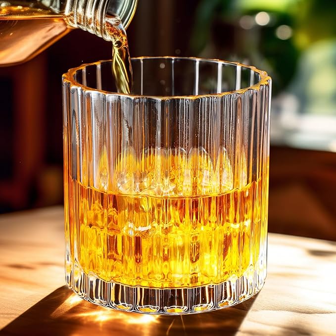 Mimorou 12 Pack Whiskey Glasses 10 oz Old Fashioned Glasses in Bar and Party Bourbon Glass, Rocks Glass, Cocktail Liquor Whiskey Lover Gift Christmas Gifts for Men, Dad, Father(Vintage Ribbed)