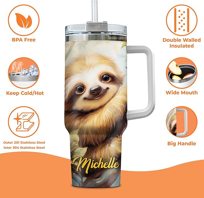 Personalized Sloth 40oz Tumbler with Handle and Straw Gifts for Animal Lovers, Sloth Lovers Cup for Women Girl, Cute Animal Birthday Christmas Gift, Custom Name Stainless Steel Travel Cup