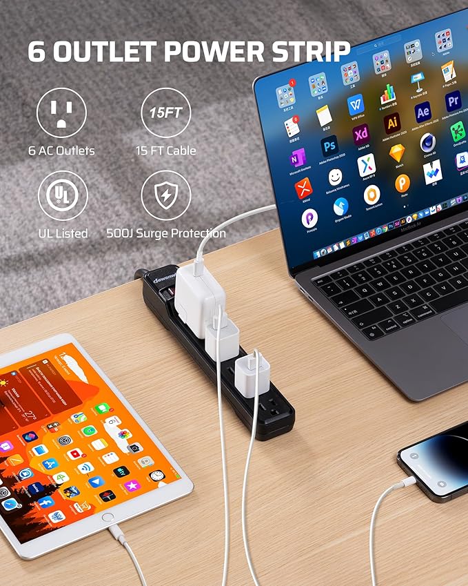 DEWENWILS 6-Outlet Power Strip Surge Protector, 15FT Long Extension Cord, Low Profile Flat Plug, 15 Amp Circuit Breaker, 500 Joules, Wall Mount, Black, UL Listed