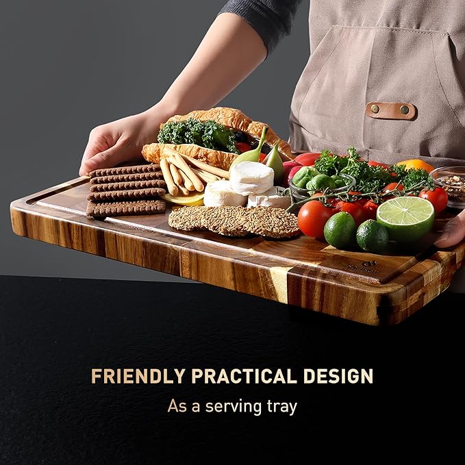 End Grain Cutting Board for Kitchen with Non-slip Feet, Acacia Wood Heavy Duty Checkered Cutting Board Handcrafted Luxury Chopping Board for Cooking and Serving Wooden Butcher Block Non Toxic