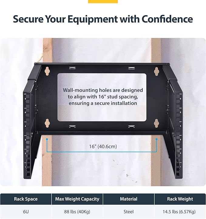 StarTech.com 2-Post 6U Wall Mounted Rack, Adjustable Depth up to 16in, for 19-inch Server/Data/Networking Equipment, Max 88lb