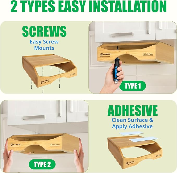 Bamboo Paper Plate Dispenser Under Cabinet for 10 Inch Paper Plates - Plate Organizer for Cabinet – Storage Paper Plate Holders for Kitchen organizer and Plastic Dinner Plates Disposable