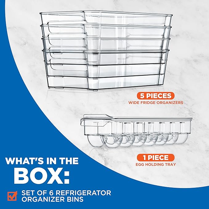 NutriChef Refrigerator Set Organizer Bins - Stackable Clear Plastic Bin with Handles, Egg Tray - For Fridge, Freezer, Kitchen, Cabinet, Countertops, Pantry - BPA Free Food Storage Rack