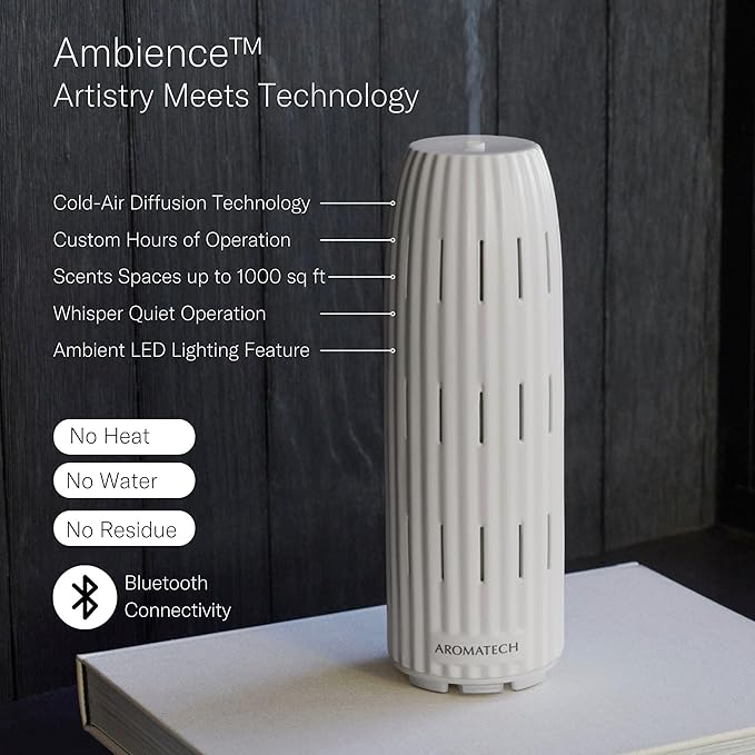 AromaTech Ambience Scent Diffuser for Essential Oil Blends & Fragrances – Waterless Scent Machine w/Bluetooth for Home, Bathroom Boutiques, Hotel, Spa – Charcoal with 60 ml Oil