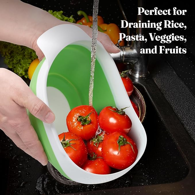 Kitchen Gizmo Collapsible Rice Strainer - Silicone Rice Washer Strainer Bowl - BPA Free - Space Saving Design - Lightweight and Easy to Clean - 9.1 x 7.1in High - Green/Grey