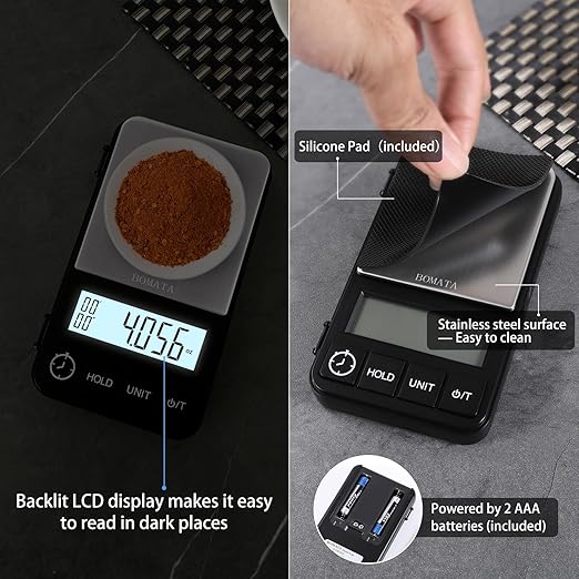 BOMATA 1000 g x 0.01 g Digital Scale with Timer, Mini Digital Small & Thin Travel Pocket Scale, Grams and Ounces with Silicone Mat, High Precision.. CS150 0.01 g