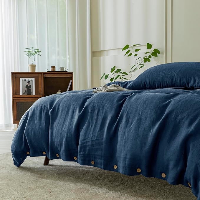 EVERLY100% Pure Linen Duvet Cover Set King Size104X90Inch 3pcs (1 Duvet Cover,2 Pillowcases) Soft and Breathable for All Season with Coconut Button Closure, Suitable for Hot Sleepers-Navy Blue