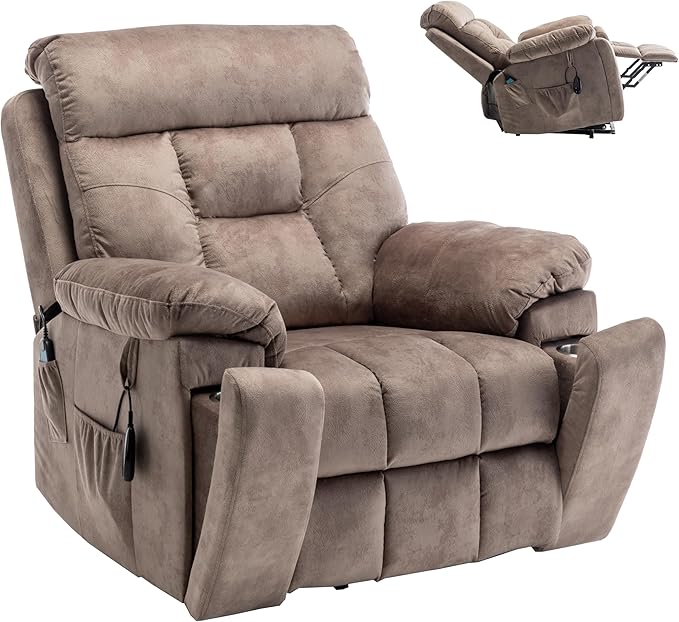 Oversized Power Lift Recliner Chair for Elderly with Massage Heat, Light Brown Velvet Electric Lay Flat Recliners with Cup Holders, Side Pockets, Infinite Position, Gift for Family