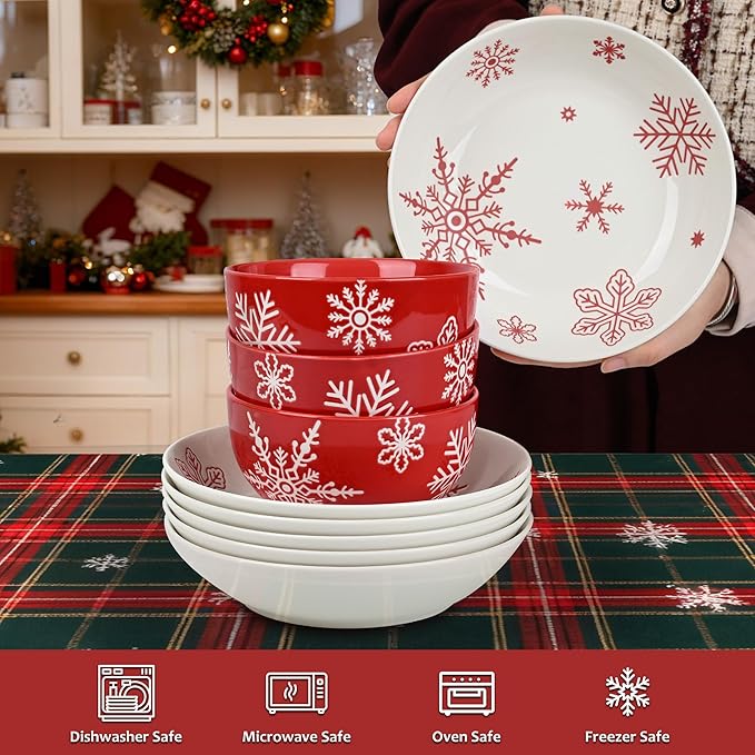 Ollieroo 4 Pieces Ceramic Christmas Pasta Bowls Set, 8 Inch 26oz White Red Snowflake Xmas Holiday Porcelain Wide and Shallow Salad Serving Bowls Plates, Microwave and Dishwasher Safe
